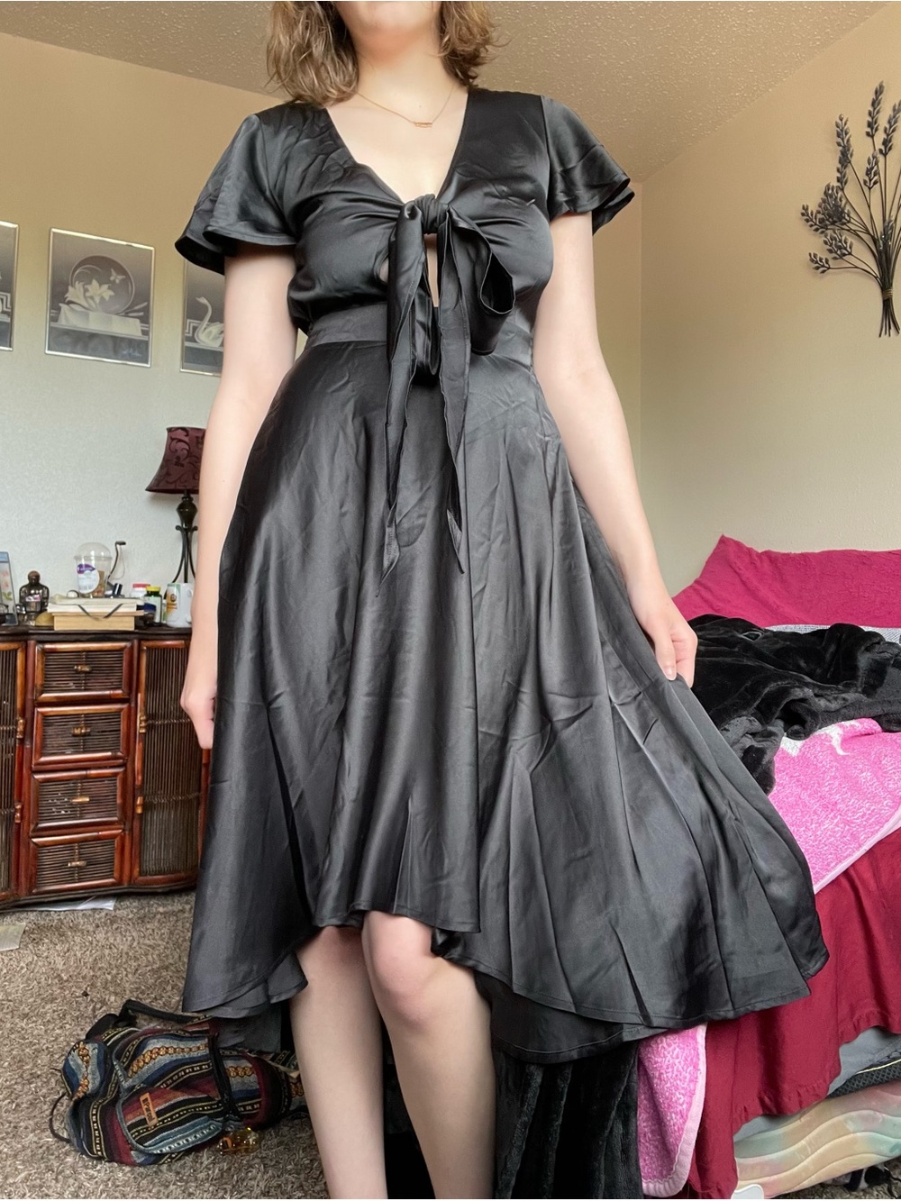 Black Tie-Front Satin Midi Dress